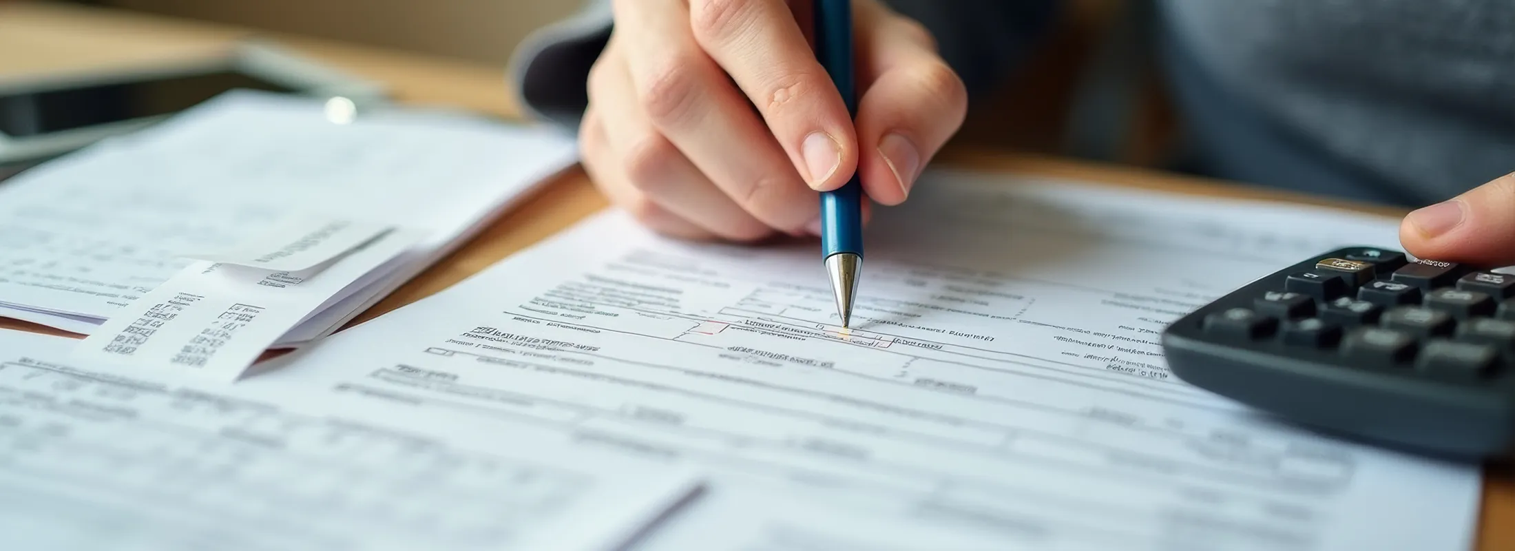 A close up of a pen on paper and a calculator 